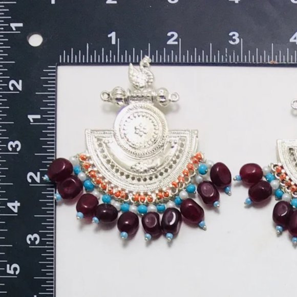 Silver Kuchi Earrings With Multicolor Beads and Stones,Tribal Boho - Picture 7 of 8